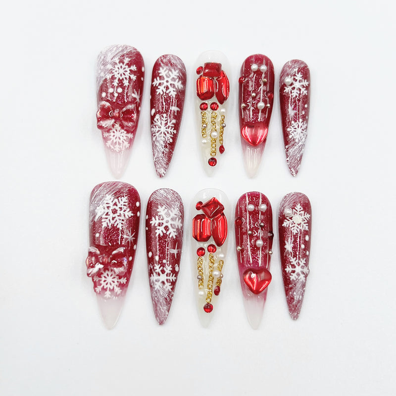 Handmade Press on Nails Christmas Long Almond Red Celebration