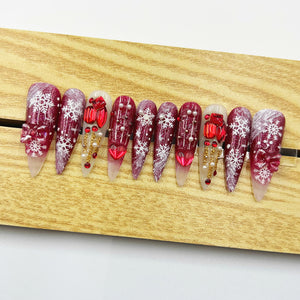 Handmade Press on Nails Christmas Long Almond Red Celebration