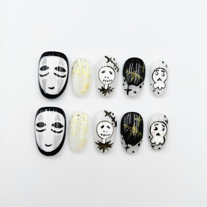 Handmade Press On Nails Halloween Medium Oval Faceless Man