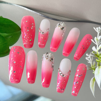 Handmade Press on Nails Long Coffin Barbie Queen