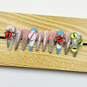 Handmade Press On Nails Halloween Long Stiletto Demon Watch