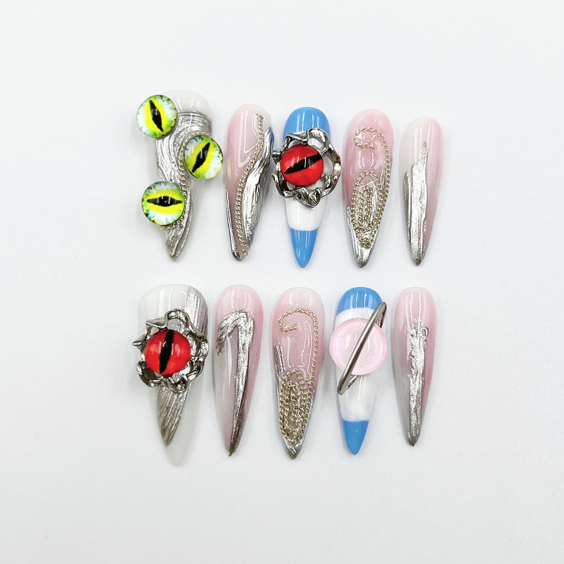 Handmade Press On Nails Halloween Long Stiletto Demon Watch