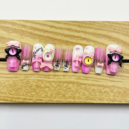 Handmade Press On Nails Halloween Long Coffin Pink Evil Eye