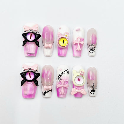 Handmade Press On Nails Halloween Long Coffin Pink Evil Eye
