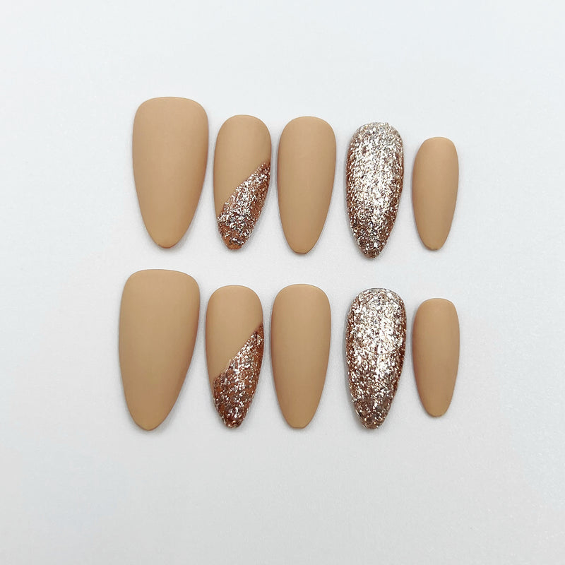 Handmade Press on Nails Medium Almond Brown Galaxy