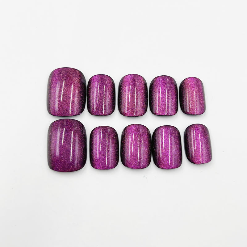 Handmade Press on Nails Short Squoval Cateye Dark Purple