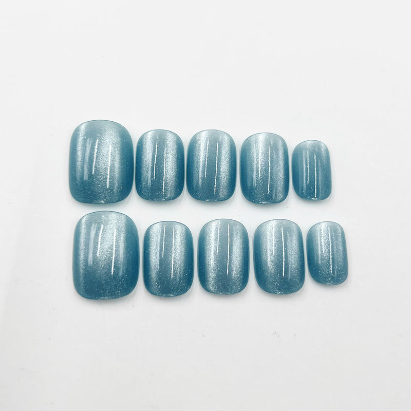 Handmade Press on Nails Short Squoval Cateye Ice Blue