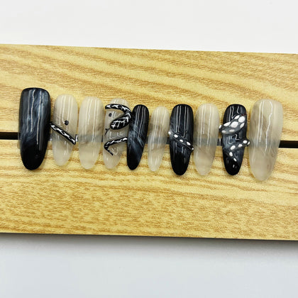 Handmade Press On Nails Halloween Long Almond Aura Snake