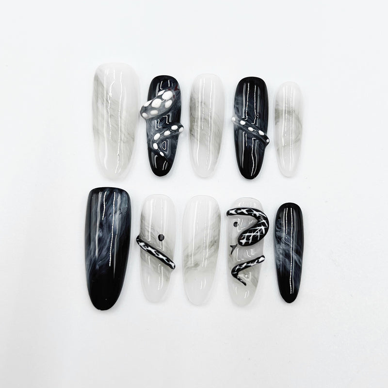 Handmade Press On Nails Halloween Long Almond Aura Snake