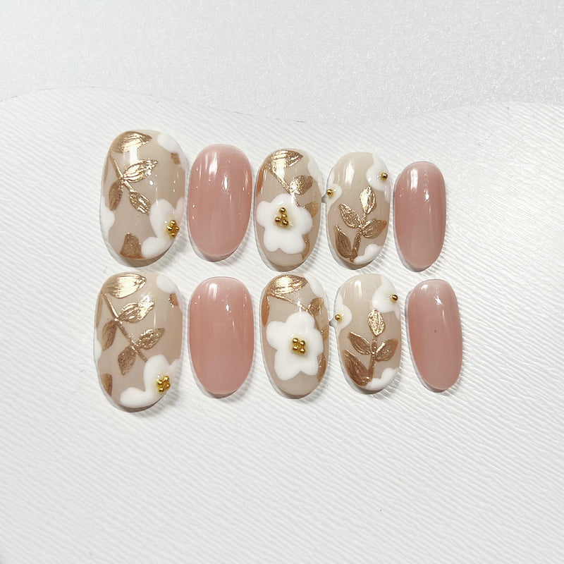 Handmade Press on Nails Medium Oval Golden Flower