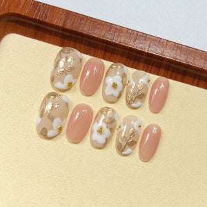 Handmade Press on Nails Medium Oval Golden Flower