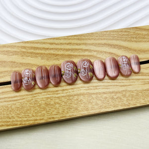 Handmade Press on Nails Short Oval Rose Cateye