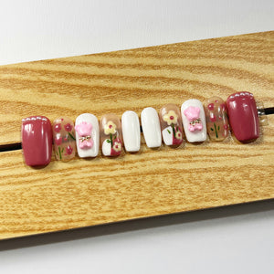 Handmade Press on Nails Medium Coffin Pink Bear