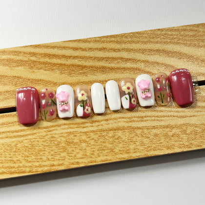 Handmade Press on Nails Medium Coffin Pink Bear