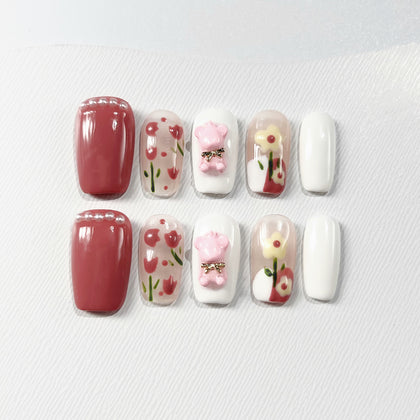 Handmade Press on Nails Medium Coffin Pink Bear