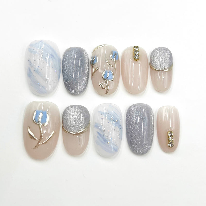 Handmade Press on Nails Short Oval Serenity Blue