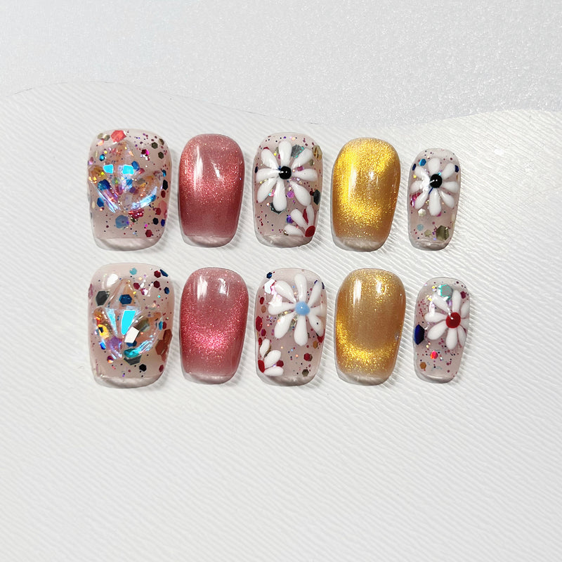 Handmade Press on Nails  Short Square  Vivid Flower