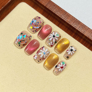Handmade Press on Nails  Short Square  Vivid Flower