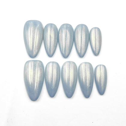 Handmade Press on Nails Medium Almond Sparkle Light Grey Blue