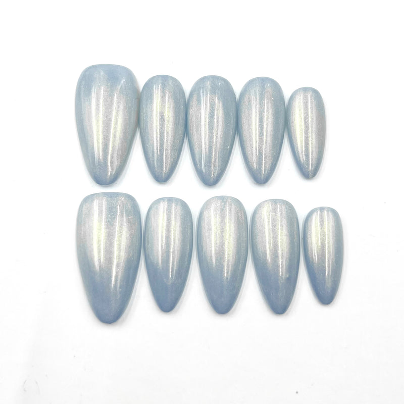 Handmade Press on Nails Medium Almond Sparkle Light Grey Blue