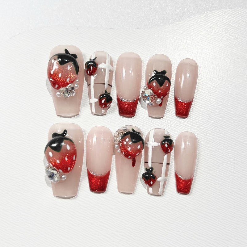 Handmade Press on Nails Long Coffin Juicy Strawberry