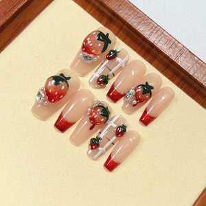 Handmade Press on Nails Long Coffin Juicy Strawberry