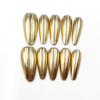 Handmade Press on Nails Long Almond Sparkle Gold
