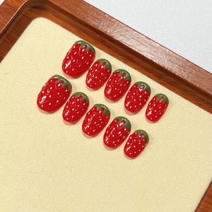 Handmade Press on Nails Short Oval Fresh Strawberry 　