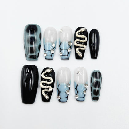 Handmade Press On Nails Halloween Medium Coffin Snake Totem