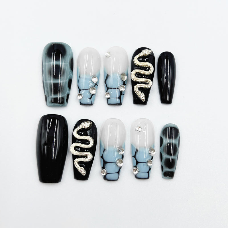 Handmade Press On Nails Halloween Medium Coffin Snake Totem