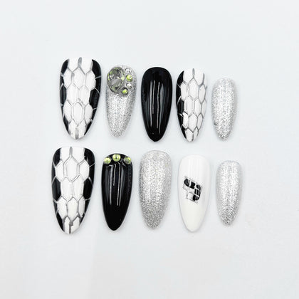 Handmade Press On Nails Halloween Medium Almond Snake Pattern