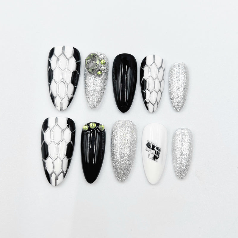 Handmade Press On Nails Halloween Medium Almond Snake Pattern