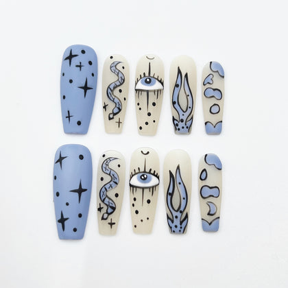 Handmade Press On Nails Halloween Long Coffin Magic Eye