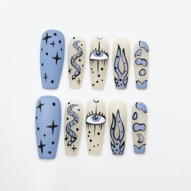 Handmade Press On Nails Halloween Long Coffin Magic Eye