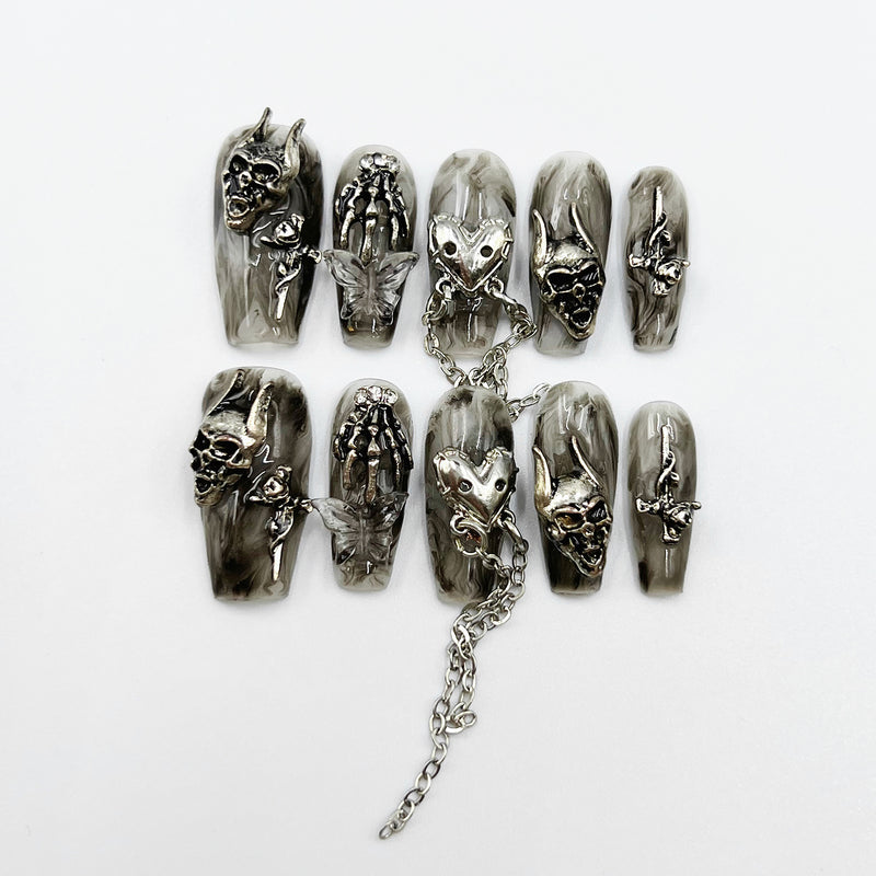 Handmade Press On Nails Halloween Medium Coffin Demon's Chain