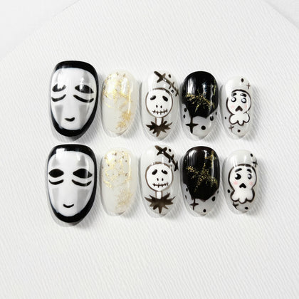 Handmade Press on Nails Medium Oval  Smiling Ghost