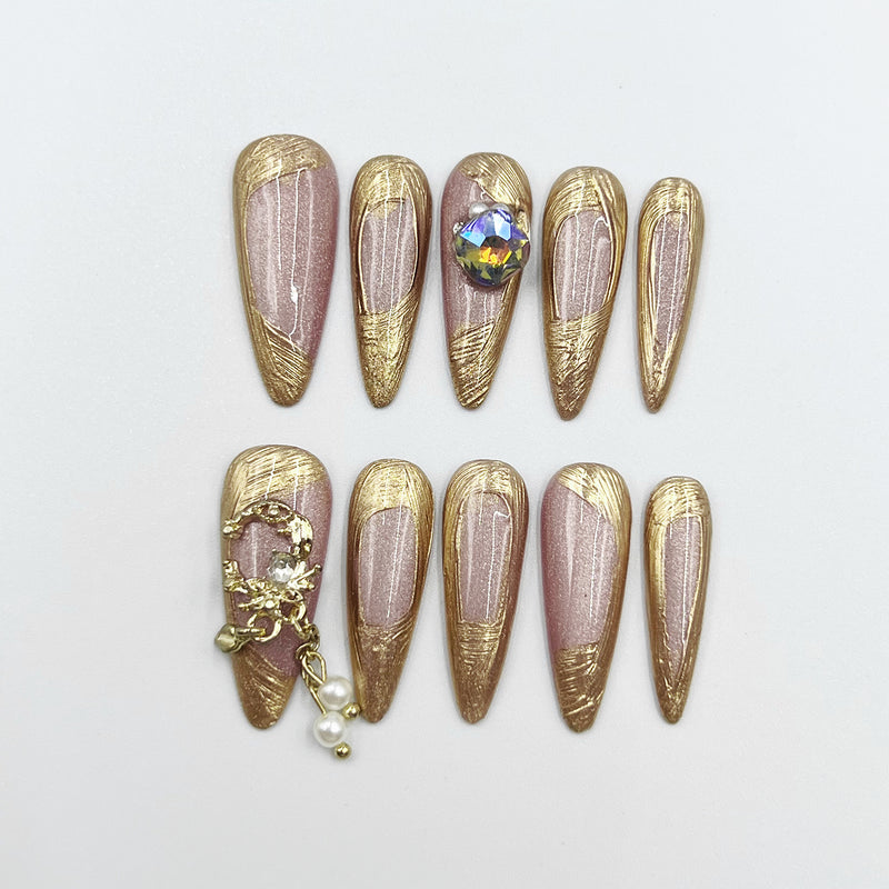 Handmade Press On Nails Long Stiletto Royal Gold