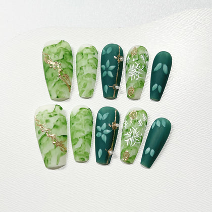 Handmade Press on Nails Long Coffin Emerald