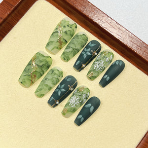 Handmade Press on Nails Long Coffin Emerald