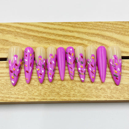 Handmade Press On Nails Long Christmas Stiletto Pink Cream
