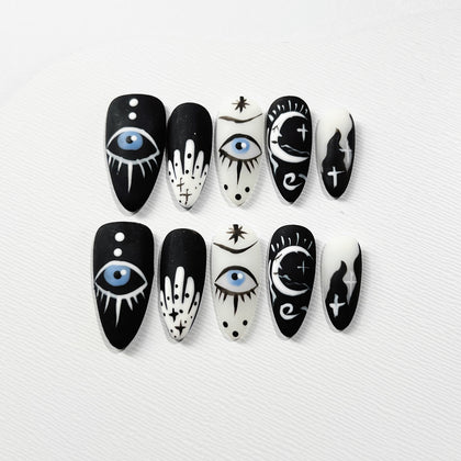 Handmade Press on Nails Halloween Medium Almond Black Demon Eyes