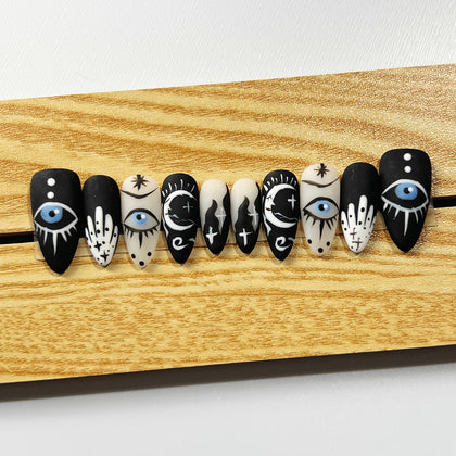Handmade Press on Nails Halloween Medium Almond Black Demon Eyes
