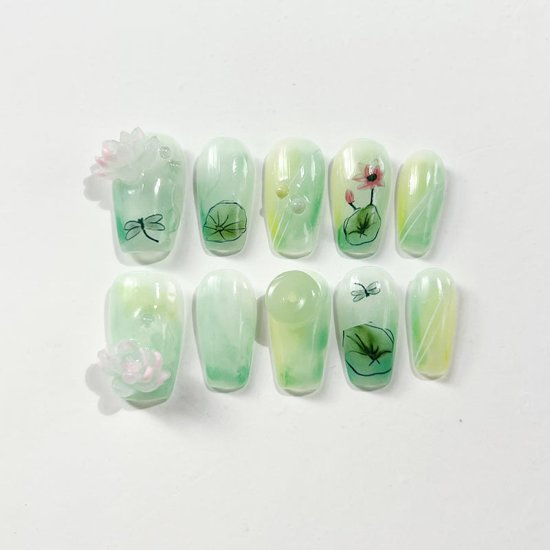 Handmade Press on Nails Medium Coffin Summer Lotus