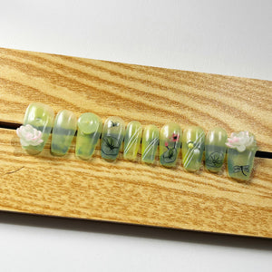 Handmade Press on Nails Medium Coffin Summer Lotus