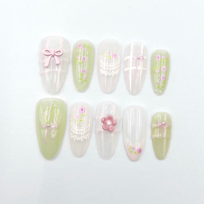Handmade Press on Nails Medium Almond Spring Flower