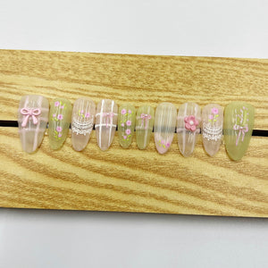 Handmade Press on Nails Medium Almond Spring Flower