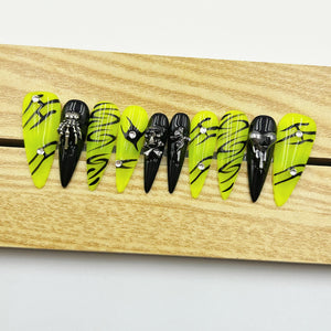 Handmade Press On Nails Halloween Long Stiletto Demonic Breath