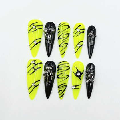 Handmade Press On Nails Halloween Long Stiletto Demonic Breath