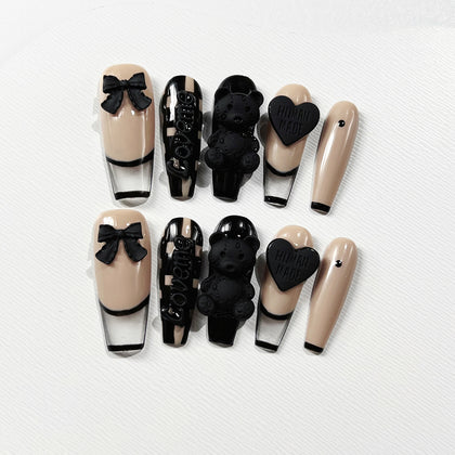 Handmade Press on Nails Long Coffin Black Bear