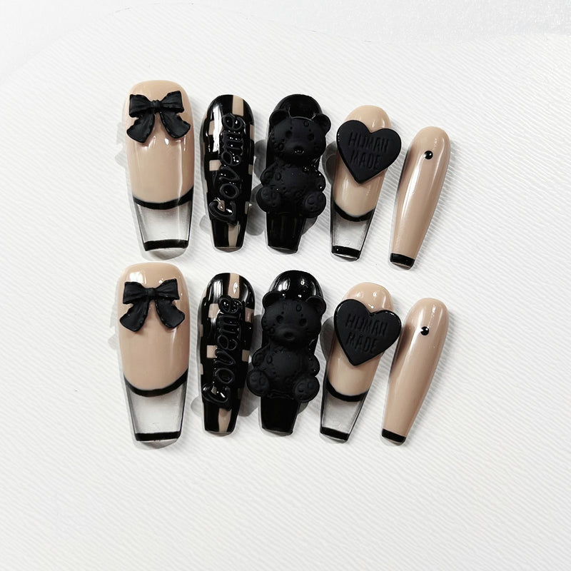 Handmade Press on Nails Long Coffin Black Bear